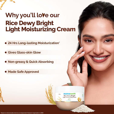 Mamaearth Rice Dewy Bright Light Moisturizing Cream With Rice Water & Niacinamide For Glass-Skin 200G |For Face, Hands & Body|24H Long-Lasting Moisturization|Non-Greasy Quick Absorbing, All Skintypes